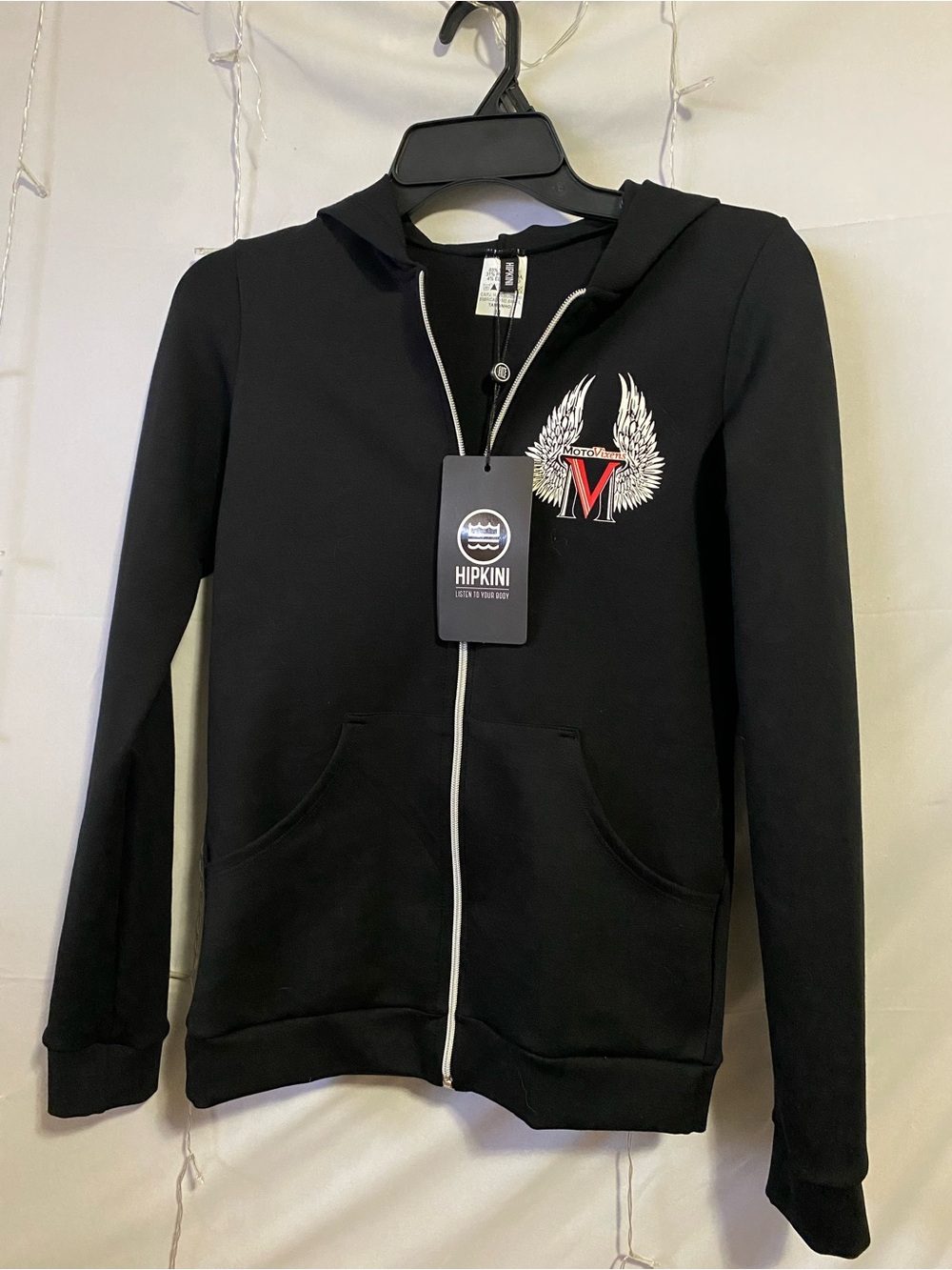 Hipkini Black Zip-Up Hoodie with Winged 'V' Graphic